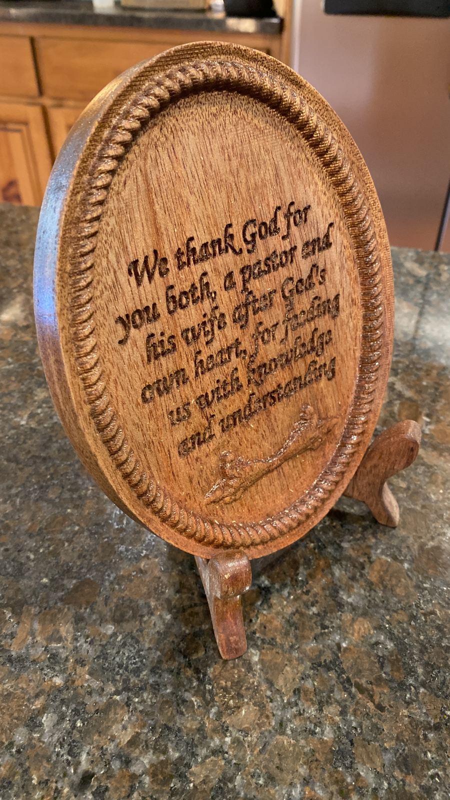 Custom engraved walnut oval plaque